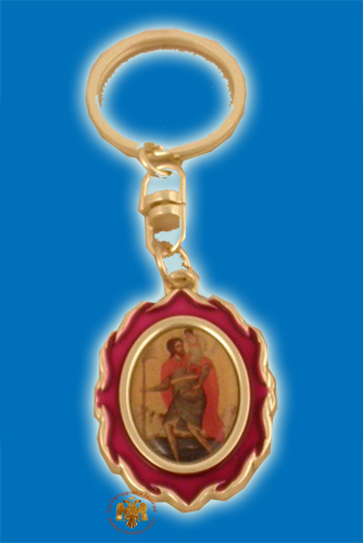 Oval Shaped Saint Christopher Icon Key Ring Red Enameled Coloured